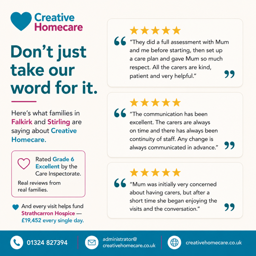 Creative Homecare family reviews and funding support for homecare in Falkirk and Stirling.