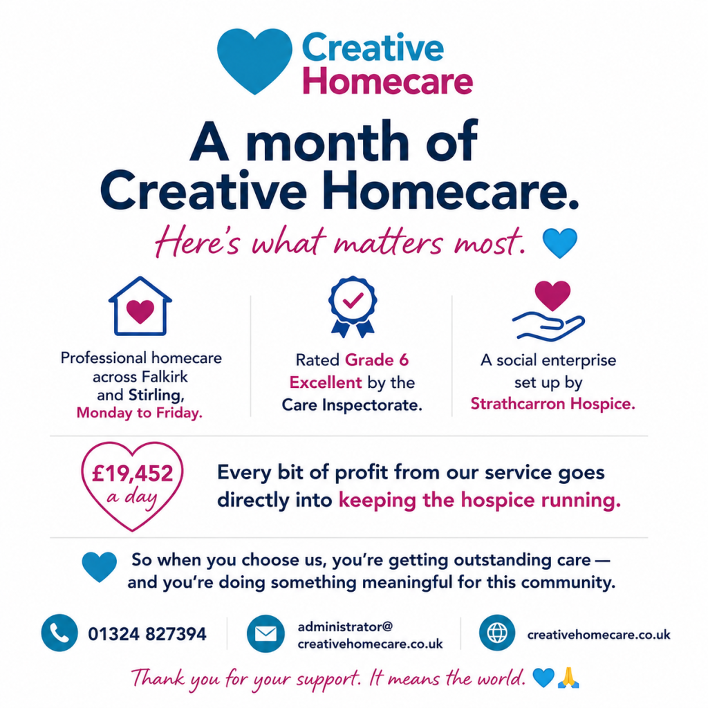 Creative Homecare monthly roundup featuring Grade 6 Excellent homecare in Falkirk and Stirling and support for Strathcarron Hospice.