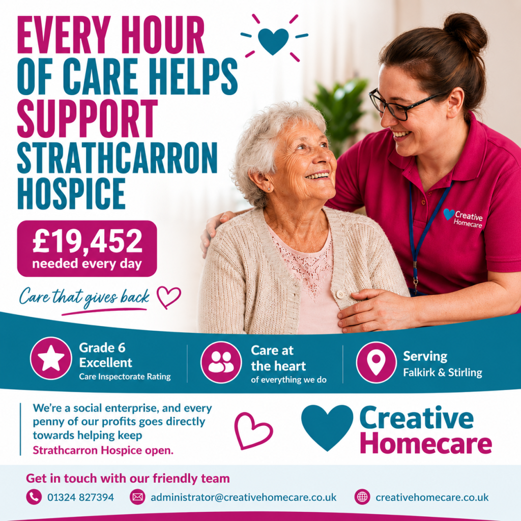 Creative Homecare support worker helping an older lady at home. Every hour of care helps support Strathcarron Hospice through award-winning home care services across Falkirk and Stirling.