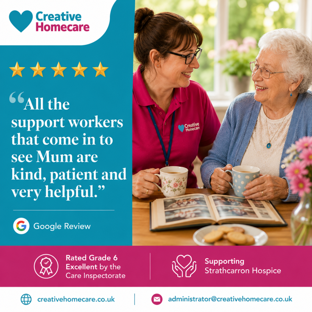 Google review for Creative Homecare praising kind, patient and helpful support workers providing home care in Falkirk and Stirling.