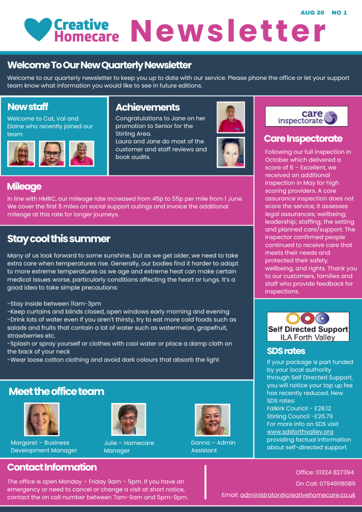 Creative Homecare newsletter providing homecare advice and local updates across Falkirk and Stirling