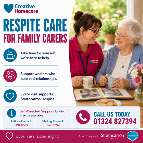 Creative Homecare support worker sharing a cup of tea with an older lady at home, promoting respite care for family carers across Falkirk and Stirling.